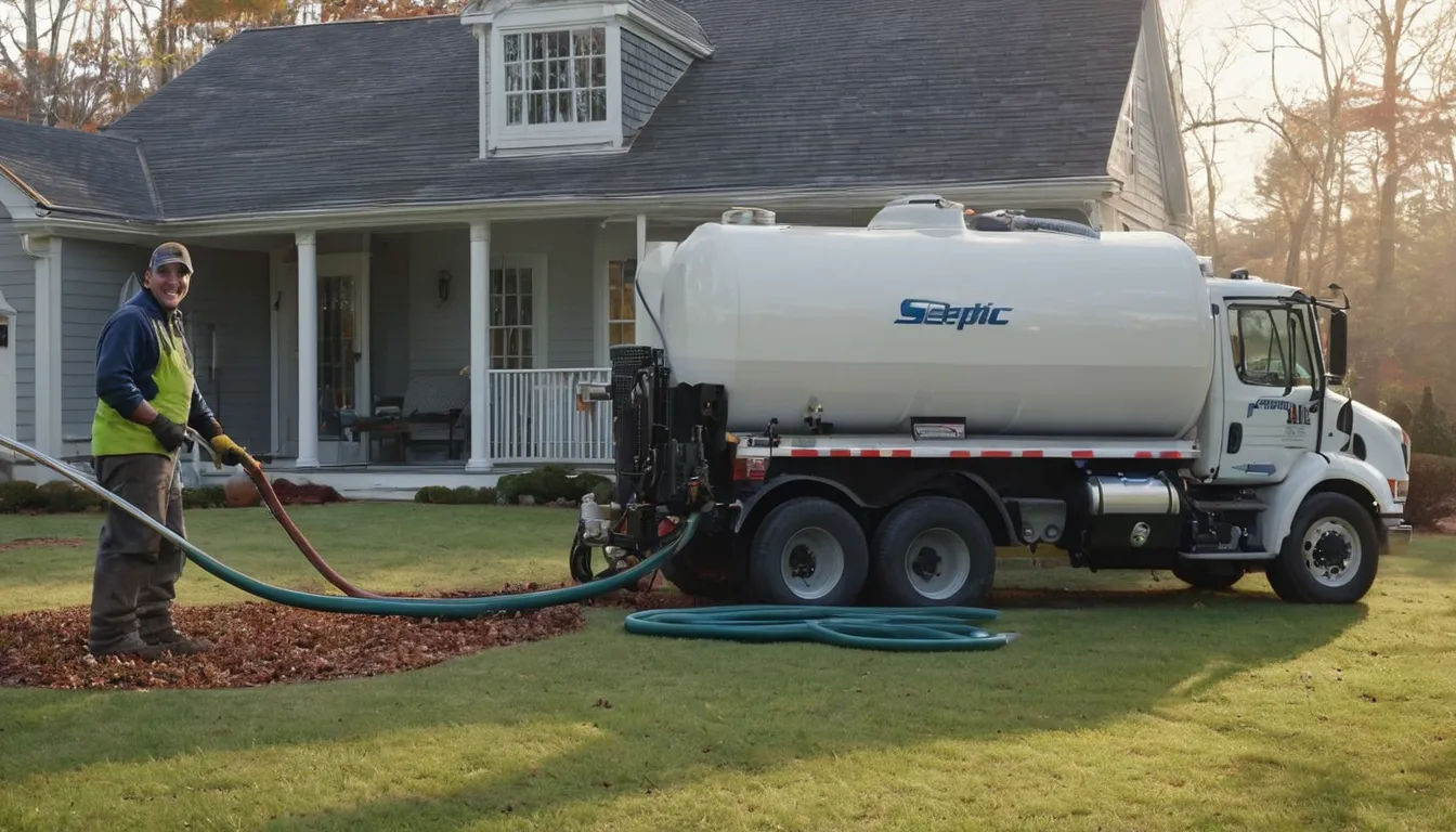 A septic provider's pump truck parked beside a Philadelphia home while a technician checks the tank lid in the yard