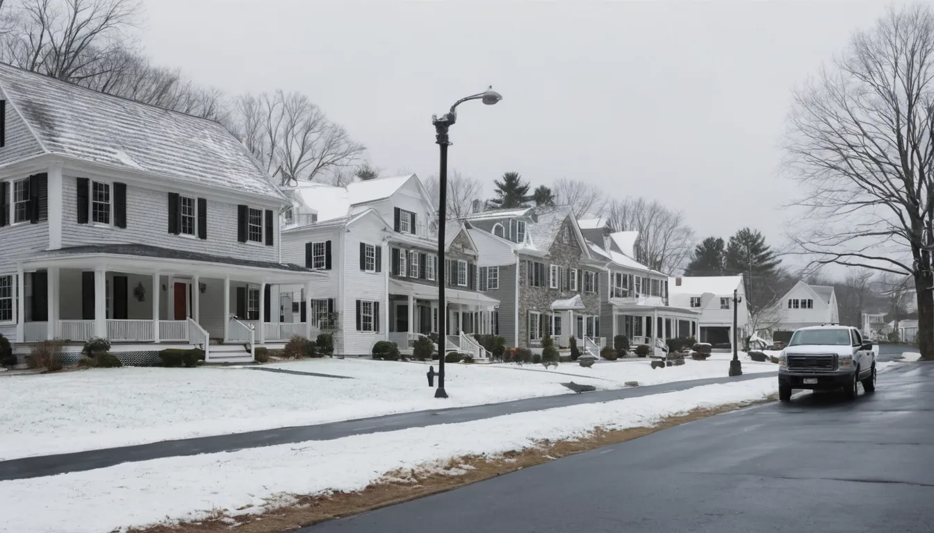 A residential street in the Philadelphia area with older homes and a light dusting of snow